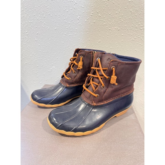 Sperry Duck Boots Women's Size 7 Navy Brown Leather Lace Up Waterproof Boots - Picture 1 of 6